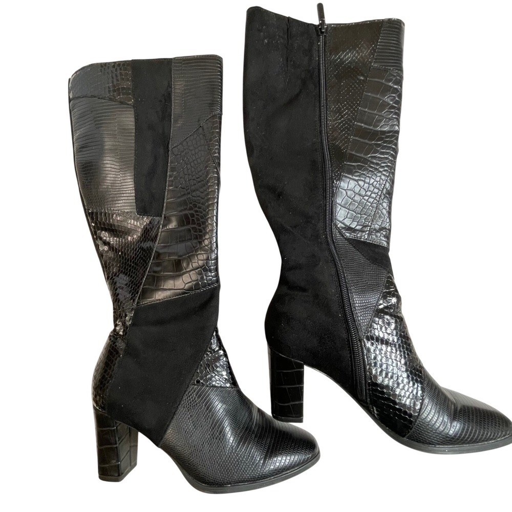 Amelia Grace Venus Black Patchwork‎ Tall Boots Croc Lizard Embossed 6M 4668935